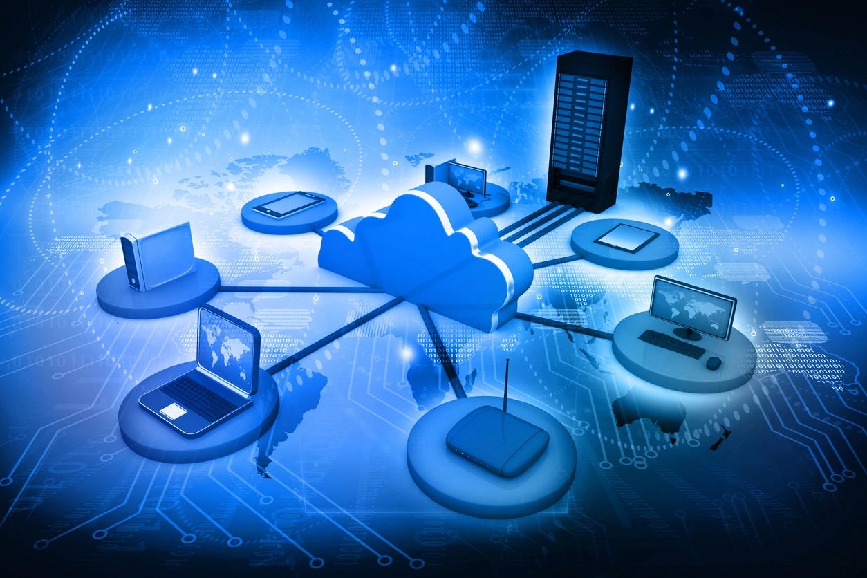 Blue background with tech icons