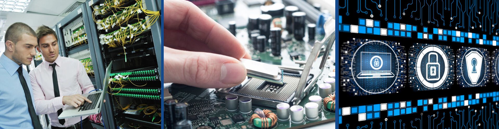 Technicians, circuit board, and cybersecurity icons.